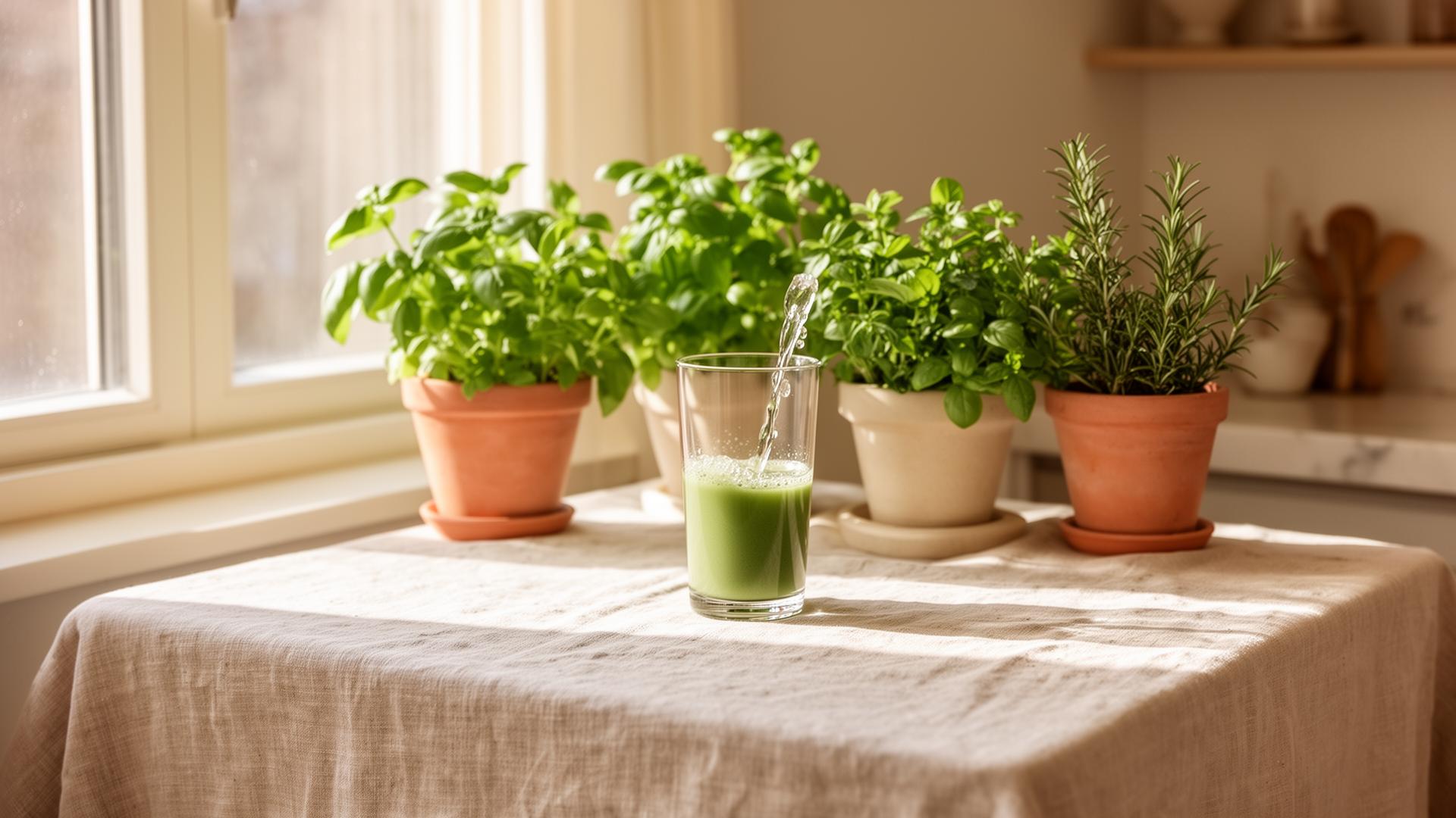 Morning wellness ritual in a sunlit kitchen